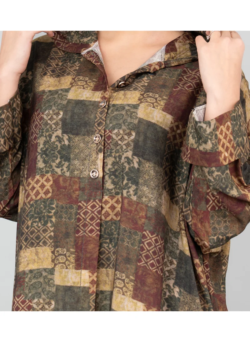 IKKXA Pattern Printed Hooded Jalabiya IK1020 Green