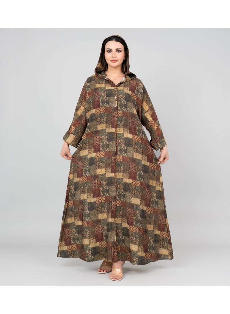 IKKXA Pattern Printed Hooded Jalabiya IK1020 Green - Image 1