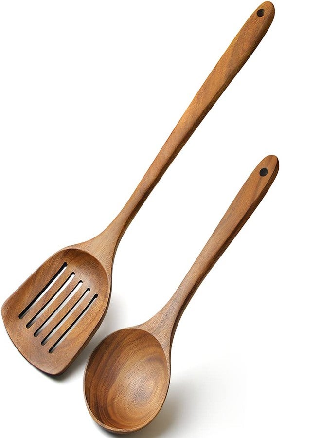 AYFDISHS Wooden Spatulas for Cooking, Handmade Natural Acacia Cooking Rice Paddle, Slotted Spatula for Nonstick Cookwares, Set of 2 - Image 1