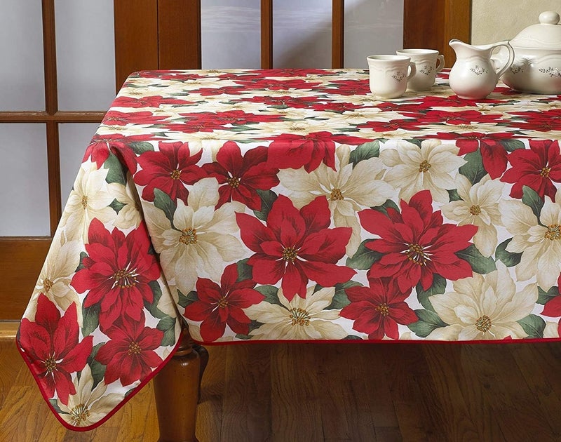 Violet Linen European Christmas Poinsettia Floral Design Tablecloth 60 in x 120 Beige - Image 1
