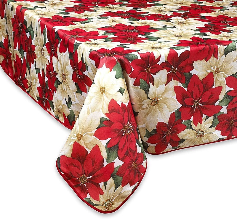 Violet Linen European Christmas Poinsettia Floral Design Tablecloth 60 in x 120 Beige - Image 2