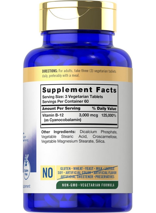 Carlyle فيتامين كارلايل B12 3000 ميكروغرام | 180 قرص | مكمل نباتي | خالي من الكائنات المعدلة وراثيًا وخالي من الغلوتين - Image 2