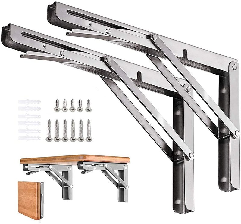AUTOHJ Folding Shelf Brackets 14 inch 2 Pcs Max Load 330lb Heavy Duty Stainless Steel DIY Wall Mounted Collapsible Shelf Bracket Space Saving for Garage Workstation Stuff Supports Table Workbench - Image 2