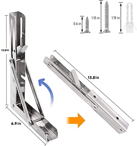 AUTOHJ Folding Shelf Brackets 14 inch 2 Pcs Max Load 330lb Heavy Duty Stainless Steel DIY Wall Mounted Collapsible Shelf Bracket Space Saving for Garage Workstation Stuff Supports Table Workbench - Image 3