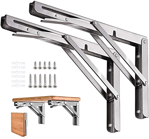 AUTOHJ Folding Shelf Brackets 14 inch 2 Pcs Max Load 330lb Heavy Duty Stainless Steel DIY Wall Mounted Collapsible Shelf Bracket Space Saving for Garage Workstation Stuff Supports Table Workbench - Image 1