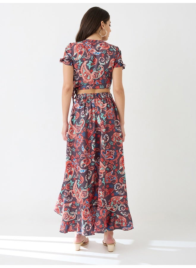 globus Globus Women Wrap Neck Paisley Printed Crop Top & High-Rise Ruffled Maxi Skirt Fusion Co-Ord Set - Image 3