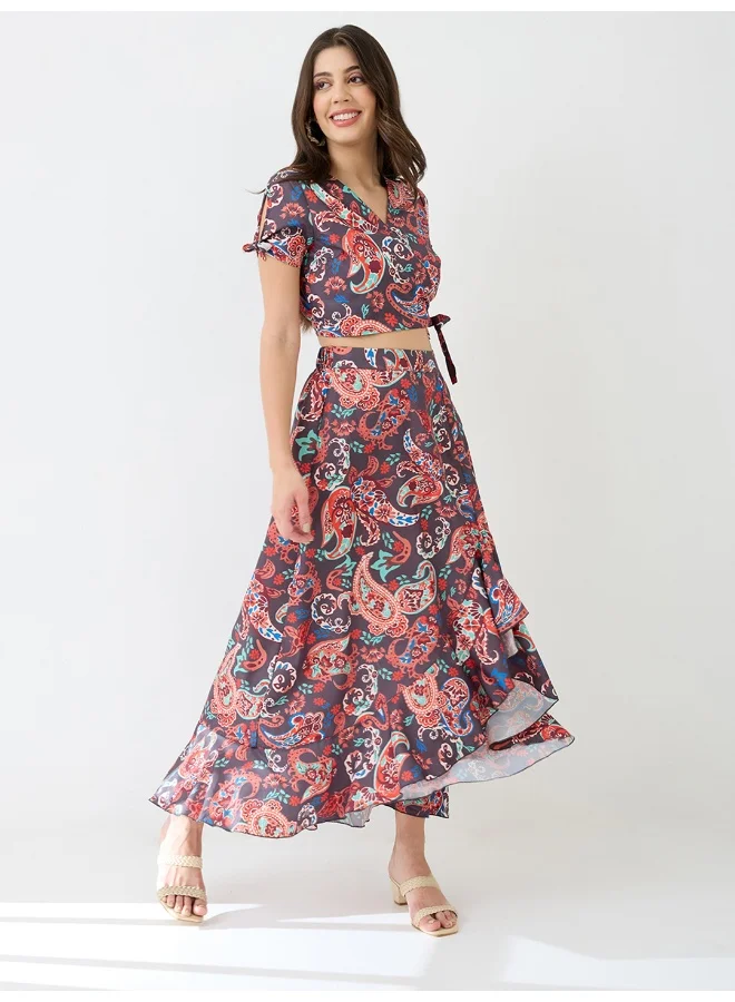 globus Women Wrap Neck Paisley Printed Crop Top & High-Rise Ruffled Maxi Skirt Fusion Co-Ord Set