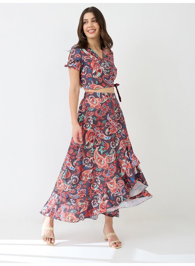 globus Globus Women Wrap Neck Paisley Printed Crop Top & High-Rise Ruffled Maxi Skirt Fusion Co-Ord Set - Image 1