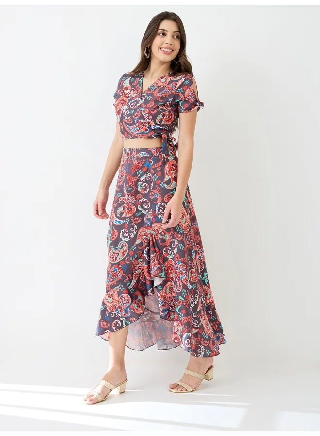 globus Women Wrap Neck Paisley Printed Crop Top & High-Rise Ruffled Maxi Skirt Fusion Co-Ord Set
