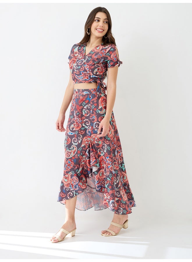 globus Globus Women Wrap Neck Paisley Printed Crop Top & High-Rise Ruffled Maxi Skirt Fusion Co-Ord Set - Image 2