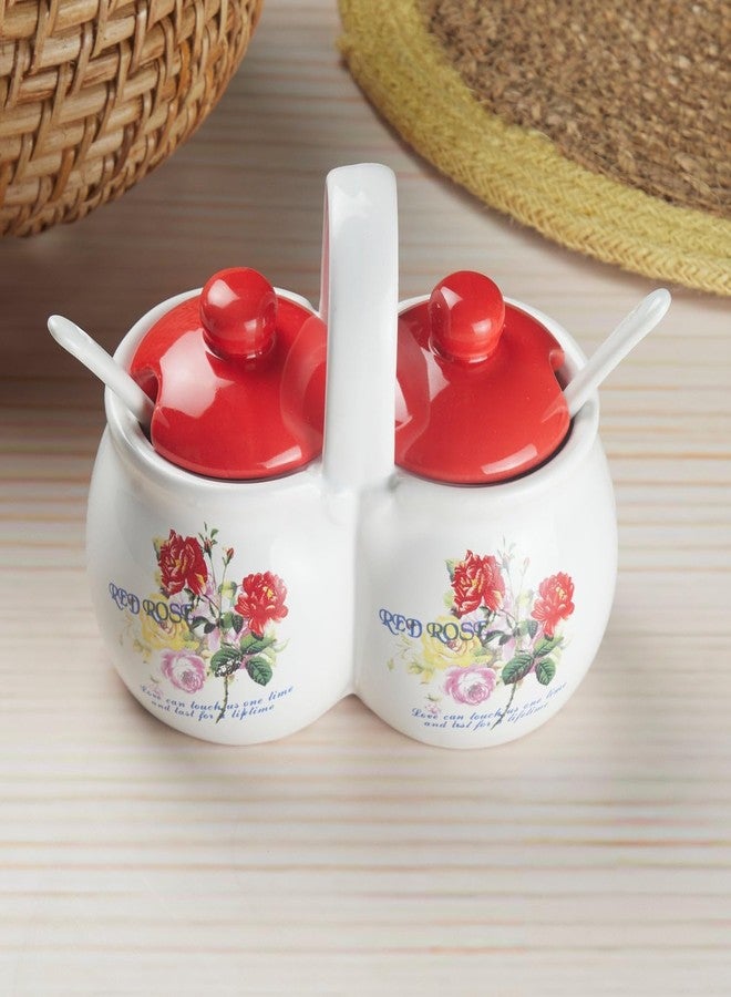 Kookee Ceramic Twin Condiment Jars with Lid & Spoon for Kitchen, Used for Serving Spices, Sugar, Salt, Pepper, Pickle, Sauces (10273) - Image 1