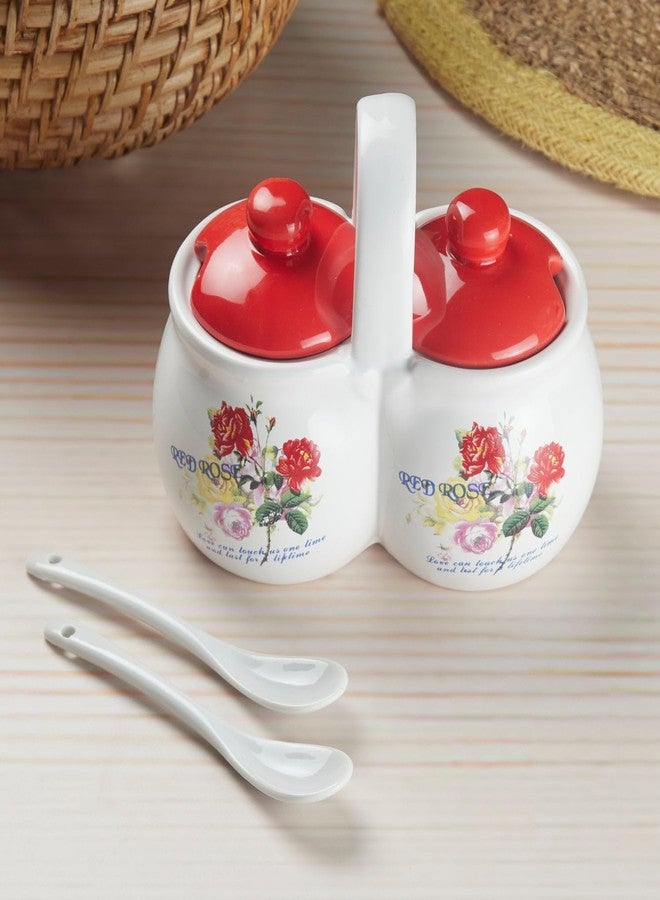 Kookee Ceramic Twin Condiment Jars with Lid & Spoon for Kitchen, Used for Serving Spices, Sugar, Salt, Pepper, Pickle, Sauces (10273) - Image 2