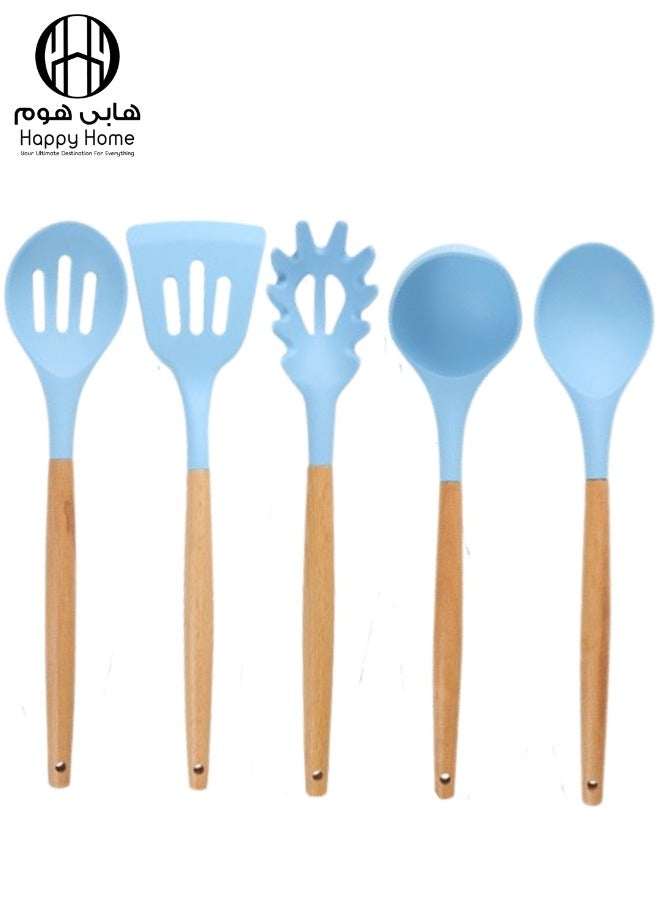 Happy Home Kitchen Utensil Set - 5 Non-Stick Silicone Cooking Utensils with Wooden Handle. BPA-Free, Silicone Spatula Set: Flat Perforated Turner, Pasta Ladle, Perforated Cooking Spoon, Non-Perforated Spoon, Soup Ladle - Blue/Wood - Image 1