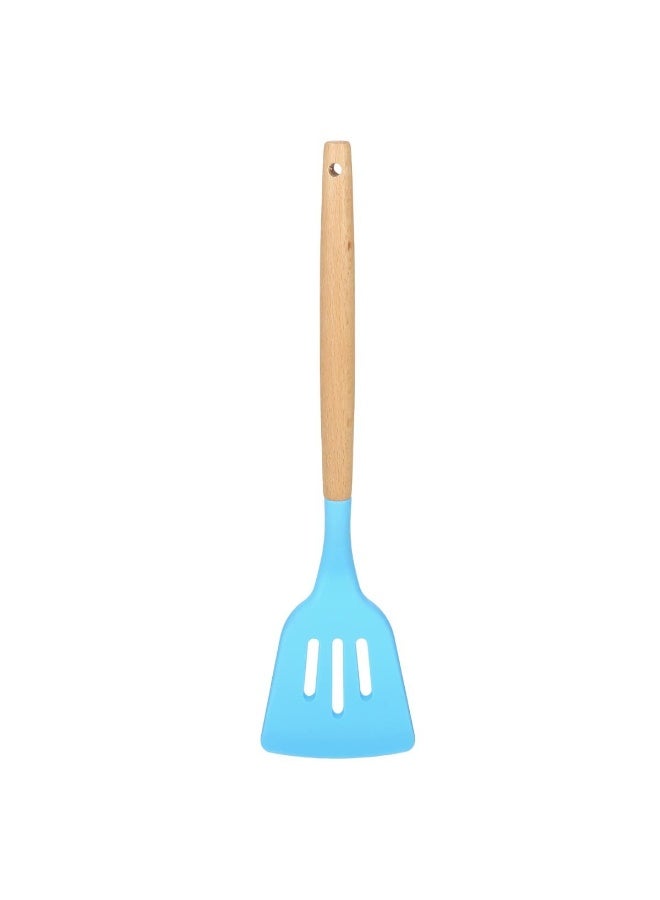 Happy Home Kitchen Utensil Set - 5 Non-Stick Silicone Cooking Utensils with Wooden Handle. BPA-Free, Silicone Spatula Set: Flat Perforated Turner, Pasta Ladle, Perforated Cooking Spoon, Non-Perforated Spoon, Soup Ladle - Blue/Wood - Image 3