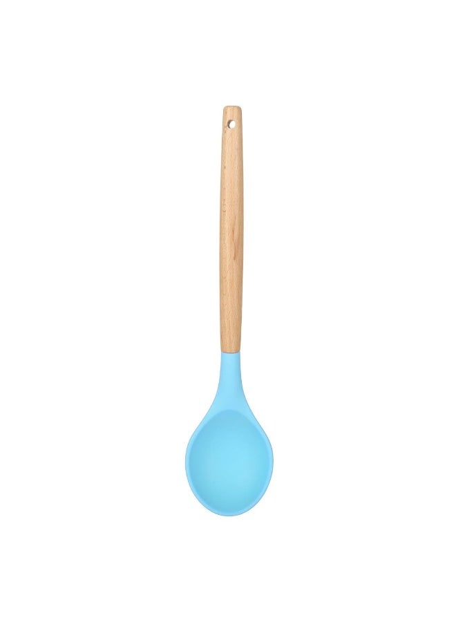 Happy Home Kitchen Utensil Set - 5 Non-Stick Silicone Cooking Utensils with Wooden Handle. BPA-Free, Silicone Spatula Set: Flat Perforated Turner, Pasta Ladle, Perforated Cooking Spoon, Non-Perforated Spoon, Soup Ladle - Blue/Wood - Image 5