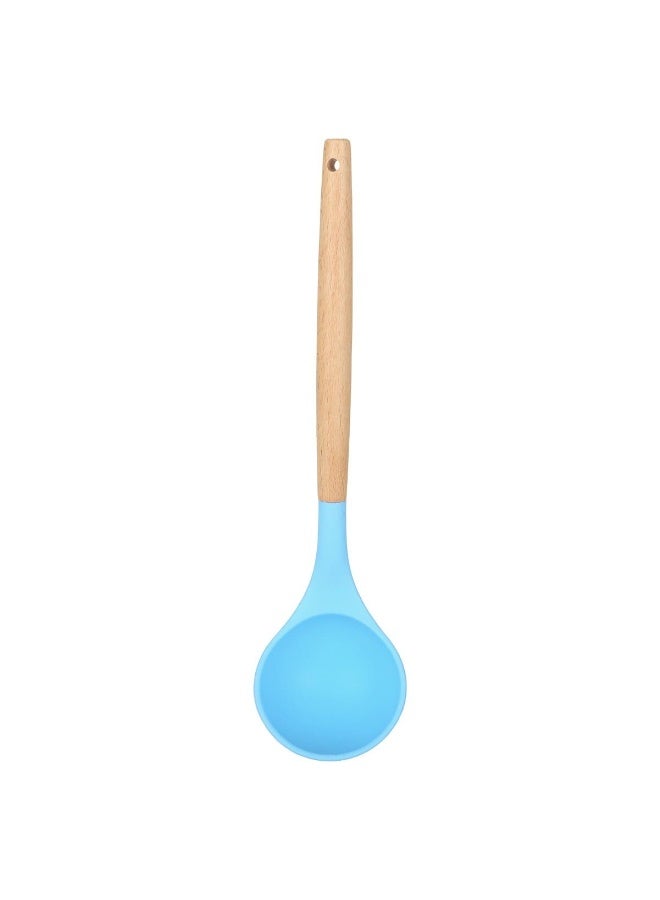 Happy Home Kitchen Utensil Set - 5 Non-Stick Silicone Cooking Utensils with Wooden Handle. BPA-Free, Silicone Spatula Set: Flat Perforated Turner, Pasta Ladle, Perforated Cooking Spoon, Non-Perforated Spoon, Soup Ladle - Blue/Wood - Image 2