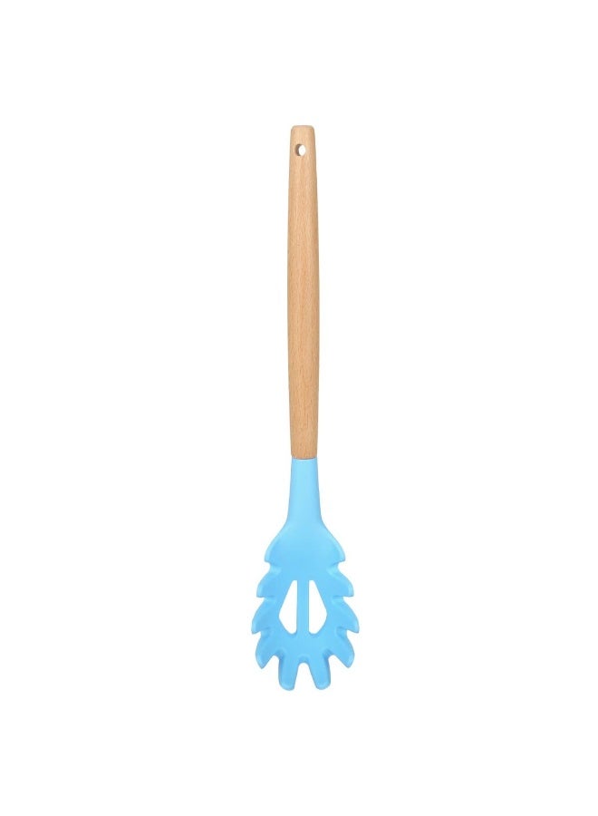 Happy Home Kitchen Utensil Set - 5 Non-Stick Silicone Cooking Utensils with Wooden Handle. BPA-Free, Silicone Spatula Set: Flat Perforated Turner, Pasta Ladle, Perforated Cooking Spoon, Non-Perforated Spoon, Soup Ladle - Blue/Wood - Image 4