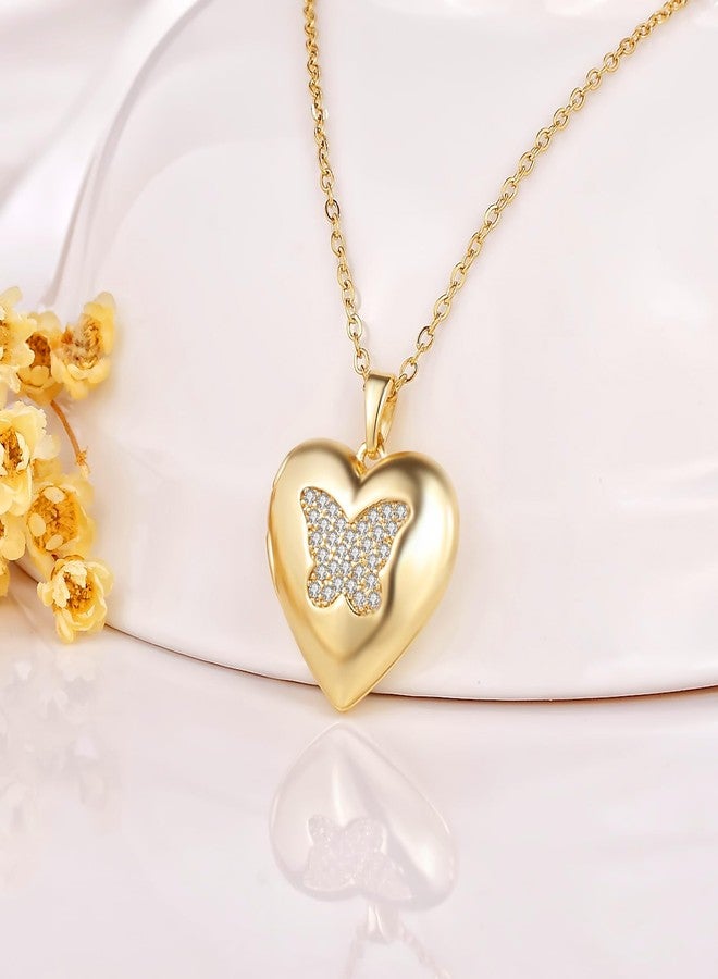 YOUFENG Love Heart Locket Necklace that Holds Pictures Photo Locket Birthday Gifts Gold-plated Butterfly - Image 2
