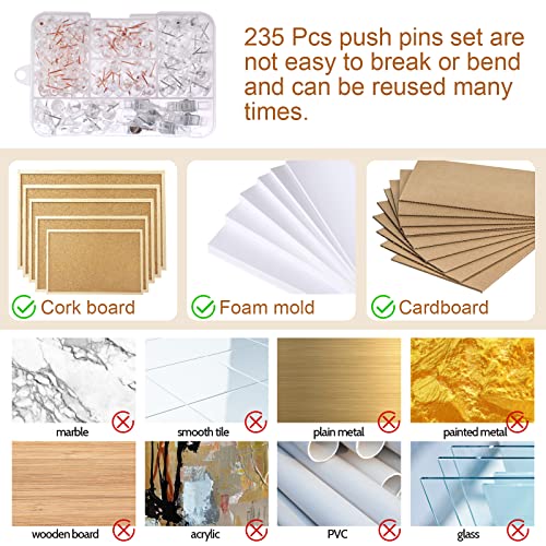 Utron 235 Pcs Push Pins Set, Thumb Tacks, Tacks, Push Pins for Bulletin Board, Wall, Cork Board, Clear Thumb Tacks (5 Style) - Image 3