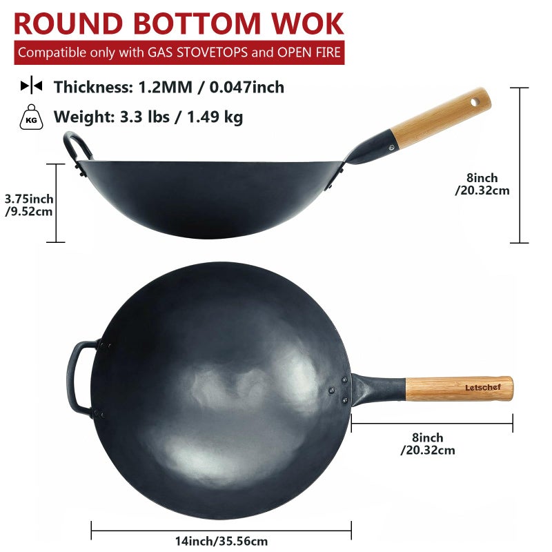 Letschef 14 inch Carbon Steel Wok with Round Bottom-Free Chemical cookware for Gas Stoves, Open Fire-Hand Hammered Chinese Traditional Wok with Bamboo Handle(No lid included) - Image 2