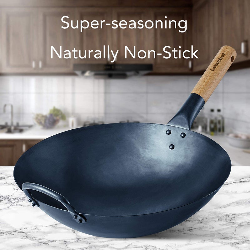 Letschef 14 inch Carbon Steel Wok with Round Bottom-Free Chemical cookware for Gas Stoves, Open Fire-Hand Hammered Chinese Traditional Wok with Bamboo Handle(No lid included) - Image 5