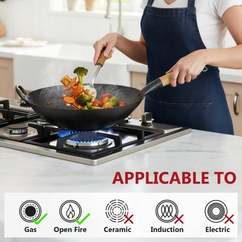 Letschef 14 inch Carbon Steel Wok with Round Bottom-Free Chemical cookware for Gas Stoves, Open Fire-Hand Hammered Chinese Traditional Wok with Bamboo Handle(No lid included) - Image 3