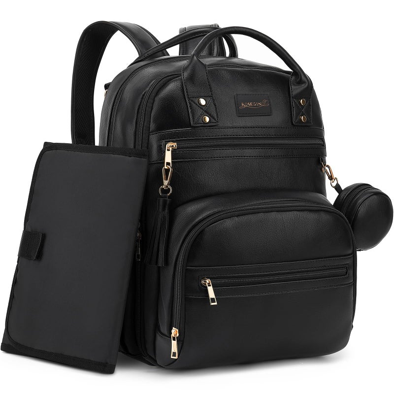 ROSEGIN ROSEGIN Premium Vegan Leather Diaper Bag Backpack with Waterproof Changing Pad Reinforced Zippers OdorFree 20 Pockets Pro Organizer Fits 156 Laptop Stroller Straps Baby Bag for Mom Black