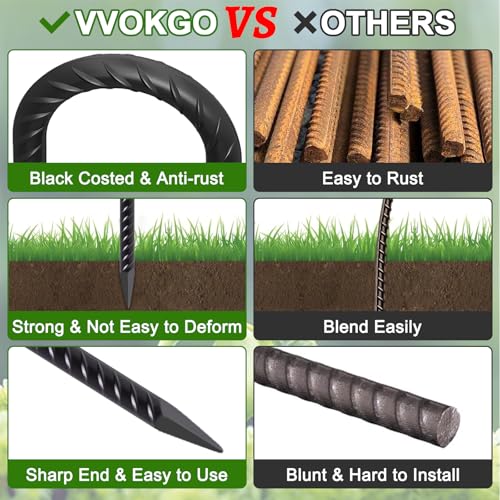 VVOKGO Rebar Stakes 16 Inches J Hook Heavy Duty Chain Link Fence Stakes, 8 Pcs Metal Long Tent Spikes Ground Anchors for Wire Fencing, Dogs Digging, Camping Tents, Swings, Greenhouse, Black - Image 3