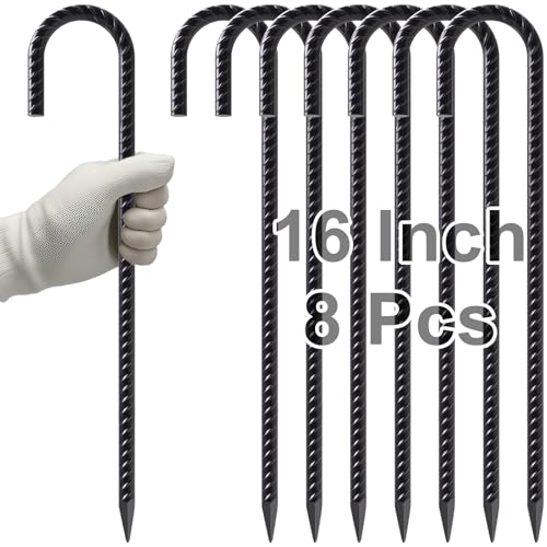 VVOKGO Rebar Stakes 16 Inches J Hook Heavy Duty Chain Link Fence Stakes, 8 Pcs Metal Long Tent Spikes Ground Anchors for Wire Fencing, Dogs Digging, Camping Tents, Swings, Greenhouse, Black - Image 1