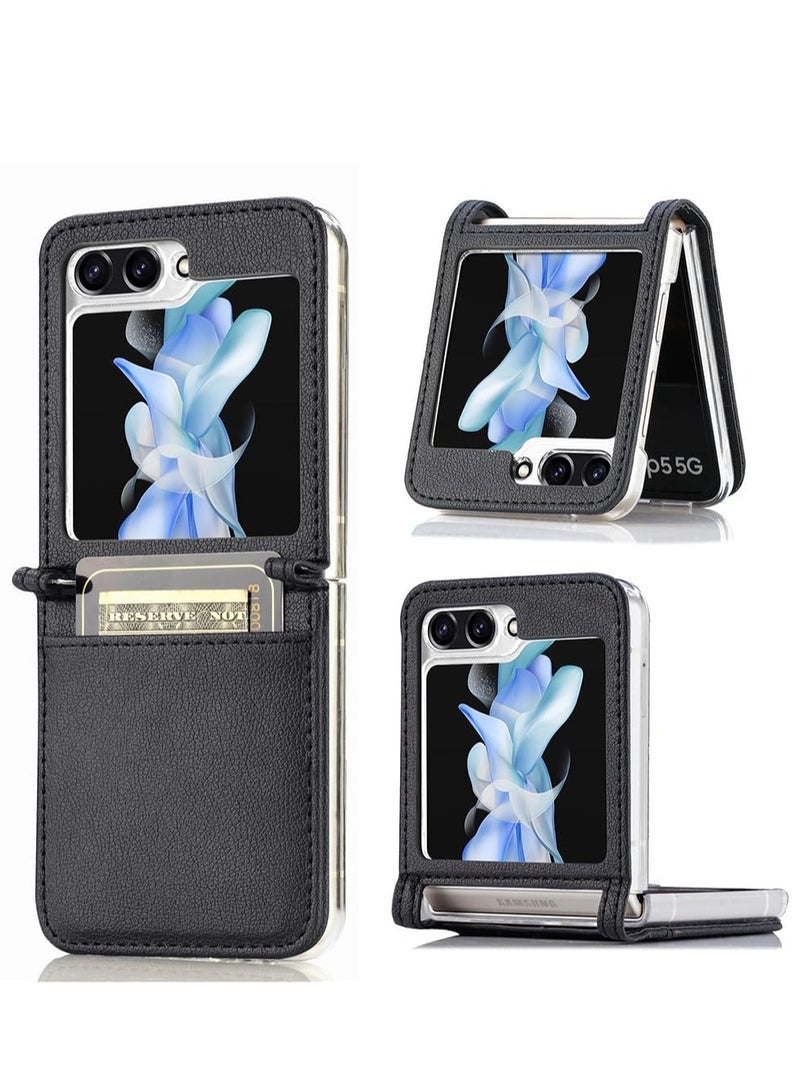 Aookay Compatible with Samsung Galaxy Z Flip 5 with Card Holder, Slim Fit Premium PU Leather + Hard PC Protective Flip Phone Cover, Case for Galaxy Z Flip 5 5G (Black)  - Image 1