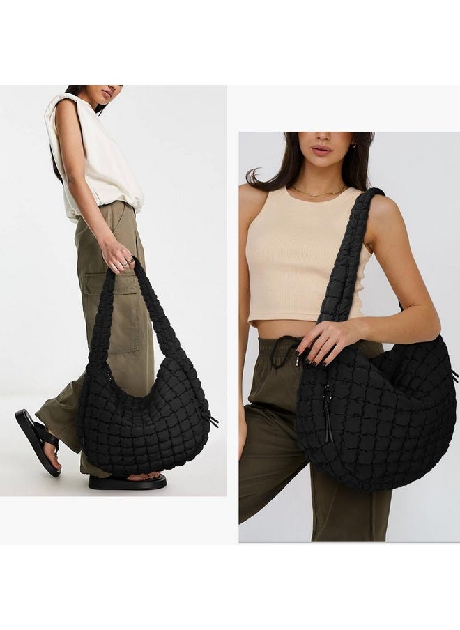 Juoxeepy Juoxeepy Quilted Tote Bag Large Quilted Carryall Puffer Shoulder Bag Lightweight Quilted Padding Hobo Bag Quilted Bag, Black  - Image 2