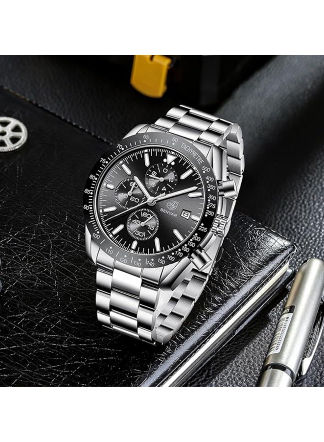 BENYAR Men's Quartz Watch, Stainless Steel Strap, 30M Waterproof, Automatic Date, Multi-dial Chronograph, Fashion Design Business Wristwatch, BY-5140 Silver Black - Image 3
