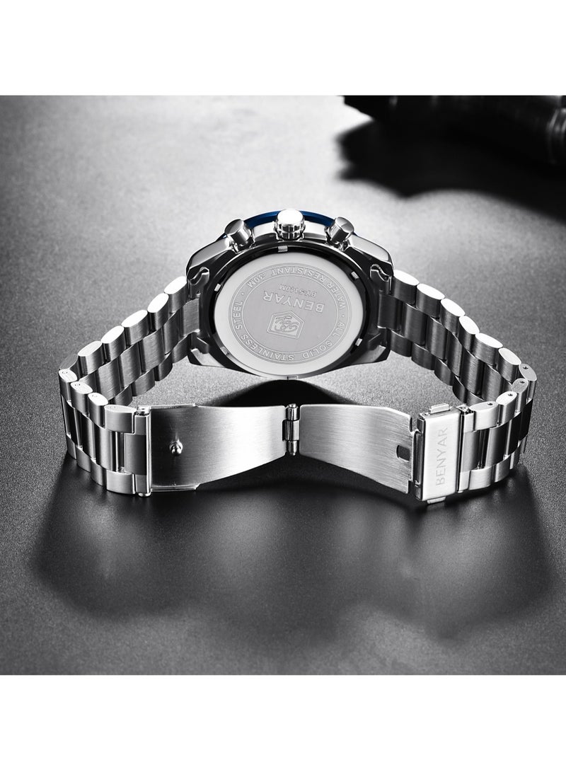 BENYAR Men's Quartz Watch, Stainless Steel Strap, 30M Waterproof, Automatic Date, Multi-dial Chronograph, Fashion Design Business Wristwatch, BY-5140 Silver Black - Image 4