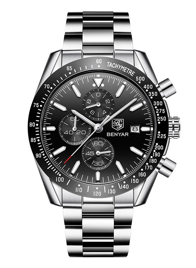 BENYAR Men's Quartz Watch, Stainless Steel Strap, 30M Waterproof, Automatic Date, Multi-dial Chronograph, Fashion Design Business Wristwatch, BY-5140 Silver Black - Image 1