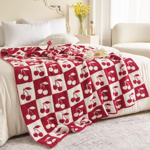 FELENIW Ultra Soft Cozy Fluffy Microfiber Checkered Knitted Throw Blanket Cherry Checkerboard Double Sided Lightweight Warm Bed Blanket for Valentine's Day Mother's Day Birthday Gifts 50x60 Inch Red (Red) - Image 1
