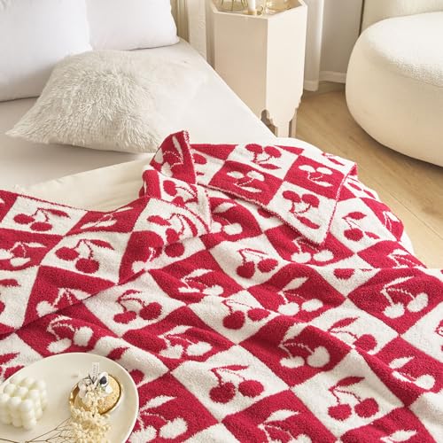 FELENIW Ultra Soft Cozy Fluffy Microfiber Checkered Knitted Throw Blanket Cherry Checkerboard Double Sided Lightweight Warm Bed Blanket for Valentine's Day Mother's Day Birthday Gifts 50x60 Inch Red (Red) - Image 3