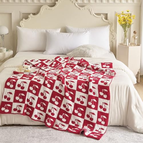 FELENIW Ultra Soft Cozy Fluffy Microfiber Checkered Knitted Throw Blanket Cherry Checkerboard Double Sided Lightweight Warm Bed Blanket for Valentine's Day Mother's Day Birthday Gifts 50x60 Inch Red (Red) - Image 2