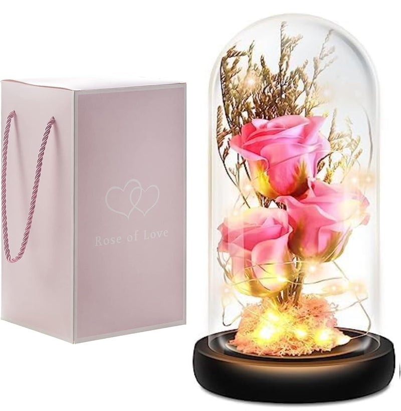 Fariox Preserved Flower Gift Light Up Rose in Glass Dome Eternal Forever Rose Flower Mothers Day Valentines Day Anniversary Birthday Christmas Decorations Rose Pink - Image 1