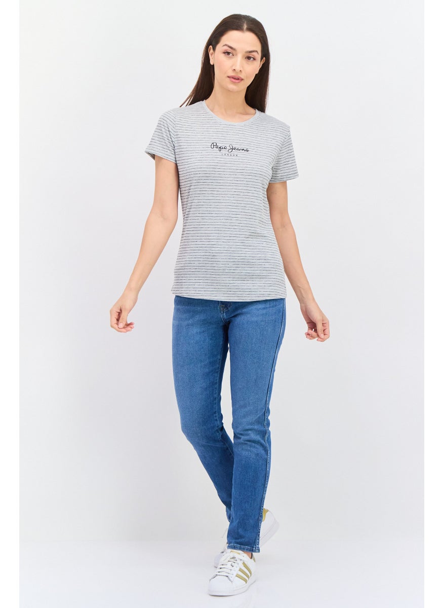 Pepe Jeans Women Crew Neck Short Sleeve Stripe Top, Grey  - Image 4