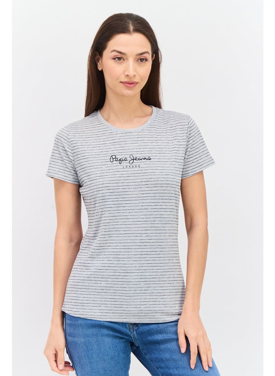 Pepe Jeans Women Crew Neck Short Sleeve Stripe Top, Grey  - Image 1