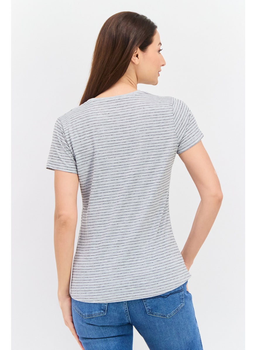 Pepe Jeans Women Crew Neck Short Sleeve Stripe Top, Grey  - Image 3
