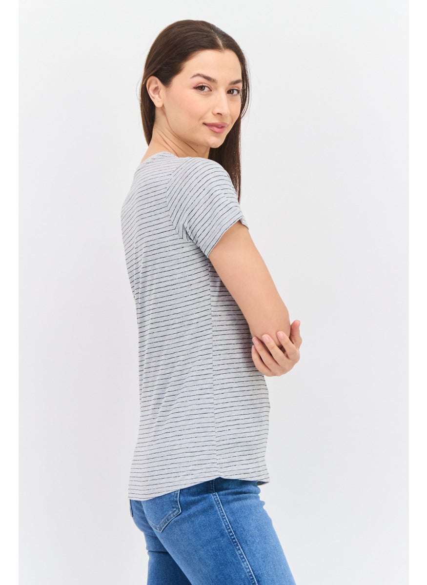 Pepe Jeans Women Crew Neck Short Sleeve Stripe Top, Grey  - Image 2