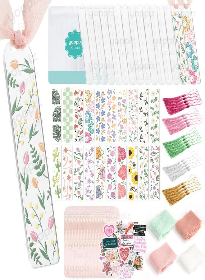 YOPPIX 15 Pieces Acrylic Bookmark Blanks (3mm) Thicken Bookmark Making Kit with 20 Pcs Floral UV DTF Sticker, 15 Pcs Ribbon, Suitable for DIY Your Crafts Gifts - Image 1
