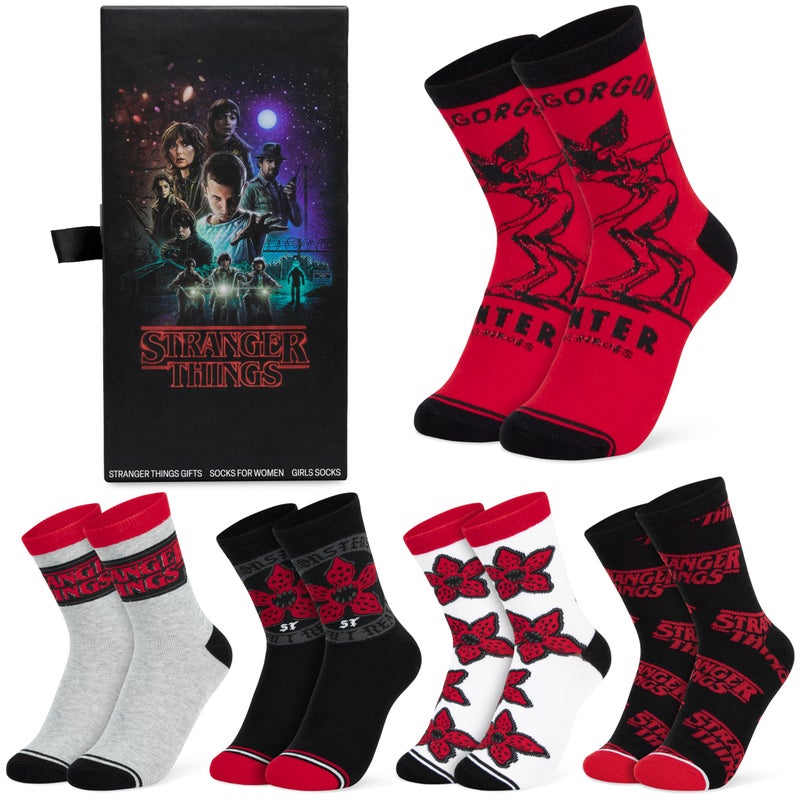 Stranger Things Crew Socks for Women & Teens US Size 4-9, Pack of 5 Soft Breathable Warm Novelty Socks, Gifts for Women (4/9 US, Multi Red) - Image 1