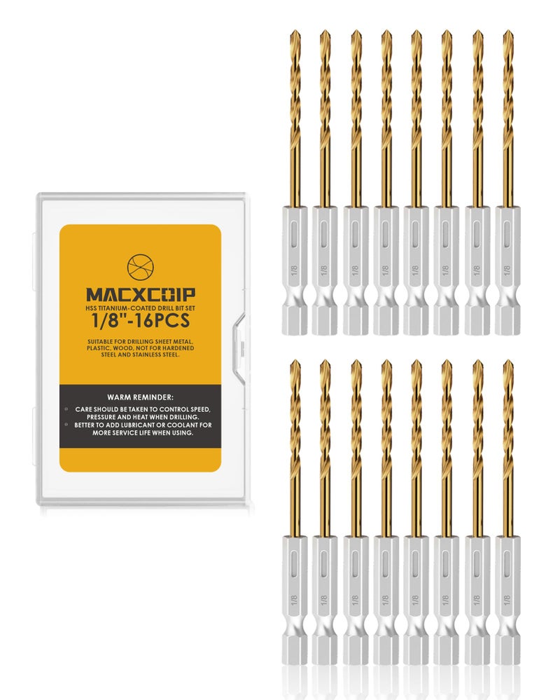 Macxcoip Hex Shank Drill Bit Set, 16Pcs 1/8"" Hss Titanium Twist Drill Bit For Sheet Metal, Wood, Plastic, Quick Change Design - Image 1