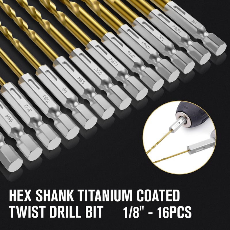 Macxcoip Hex Shank Drill Bit Set, 16Pcs 1/8"" Hss Titanium Twist Drill Bit For Sheet Metal, Wood, Plastic, Quick Change Design - Image 4