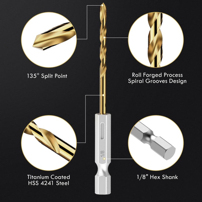 Macxcoip Hex Shank Drill Bit Set, 16Pcs 1/8"" Hss Titanium Twist Drill Bit For Sheet Metal, Wood, Plastic, Quick Change Design - Image 2