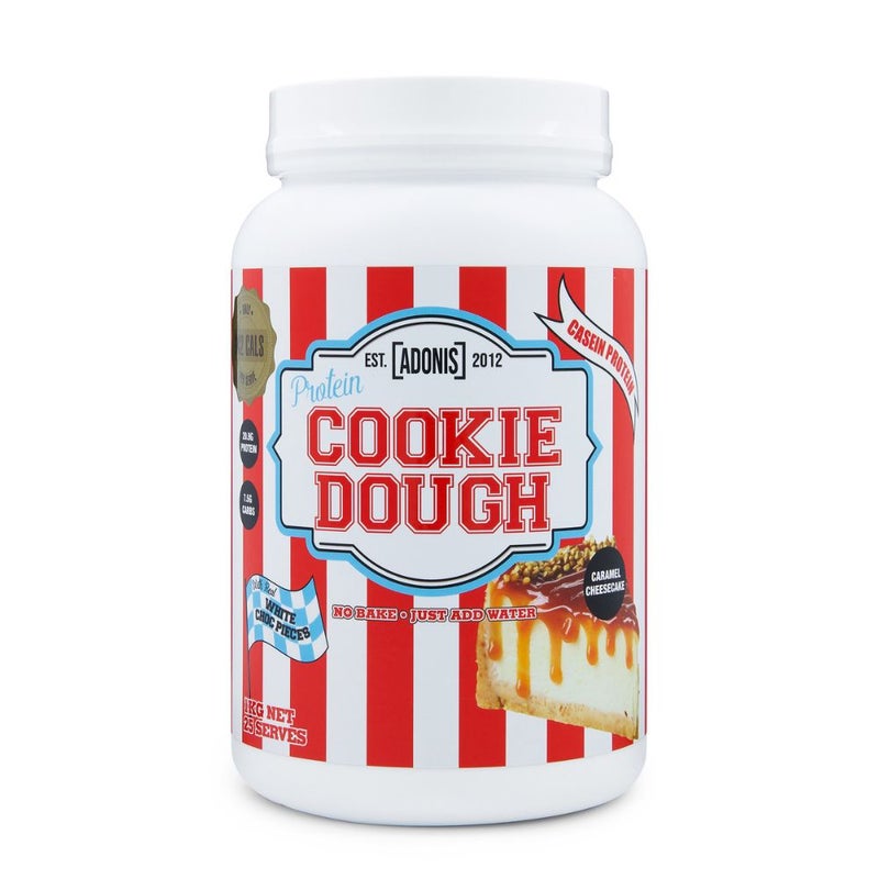 آدونیس عجينة كوكيز البروتين، تشيز كيك الكراميل، بروتين الكازين الممتاز، منخفض الكربوهيدرات، وجبة خفيفة غنية بالبروتين مع قطع الشوكولاتة الحقيقية، 1 كجم