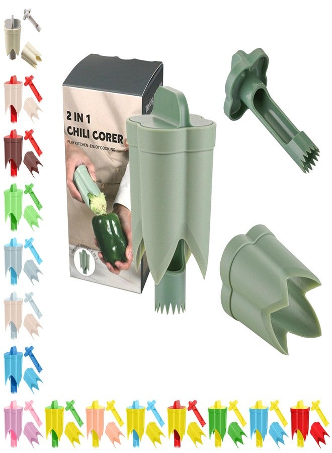 WROLEM Pepper Corer, 2 in 1 Red Bell Pepper Seed Corer Remover Tool, Fruit & Vegetable Corers Quick Cave Tools for Jalapeno Cutter Deseeder, Green - Image 1