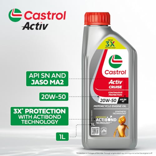 Castrol Activ CRUISE 20W-50 4T Engine Oil with Synthetic Technology for Bajaj Bikes (1L) | 3X Protection with Actibond Technology | Engine Protection for Bikes | API SN and JASO MA2 - Image 3